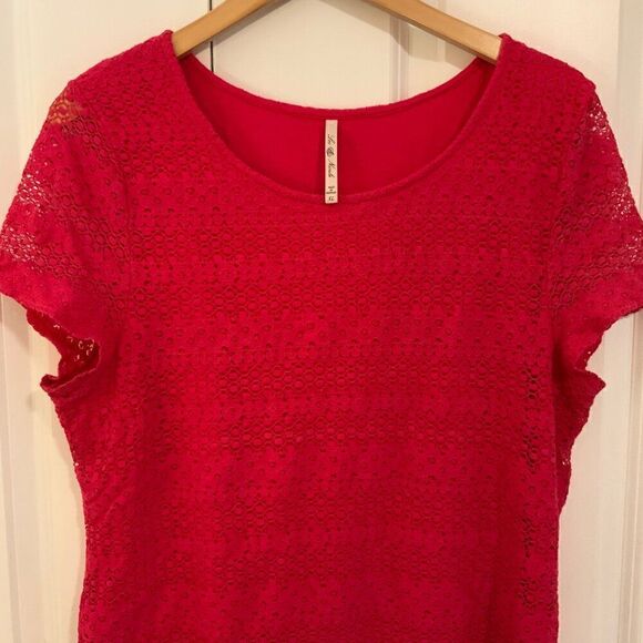 Leo & Nicole Pink Crochet Lace Overlay Short Sleeve Top XL - Picture 2 of 10
